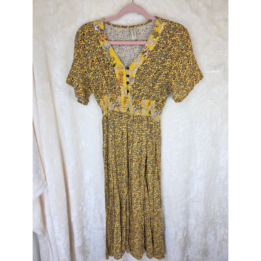 Anthropologie Lapis‎ Yellow Floral Boho Midi Dress Medium Smocked Waist Viscose